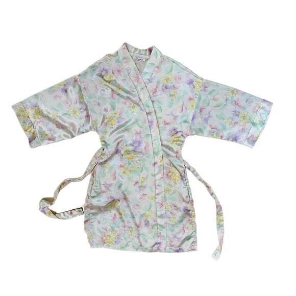 Dentelle Medium Floral Satin Robe Surplus Wrap Around Kimono Style Vintage Pink - Picture 3 of 3